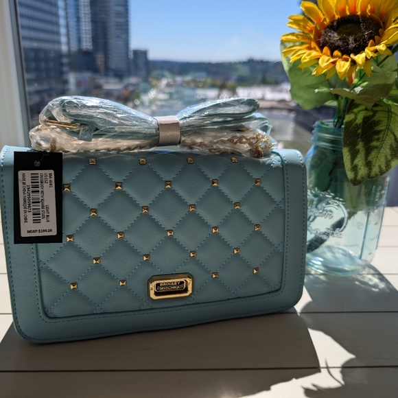 Badgley Mischka Light Blue and Gold Shoulder Bag #1 Quilted Minimal Classic - Picture 1 of 12